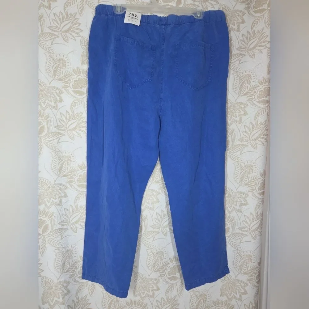 NEW ZARA THE WEEKEND PANT BLUE sz XL LINEN BLEND COASTAL NAUTICAL BEACH PULL ON